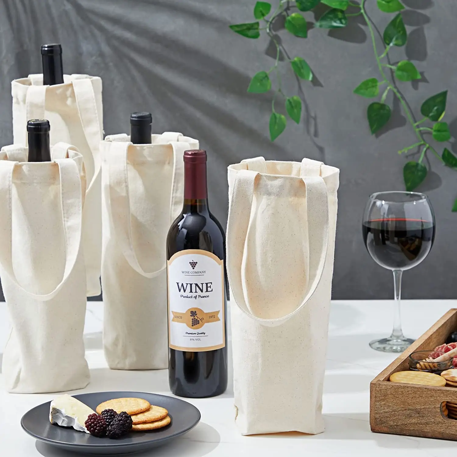 100pcs Plain Single Canvas Wine Bag with Handle Blank Two Bottle Gift Tote Reusable Washable Wine Carrier Tote