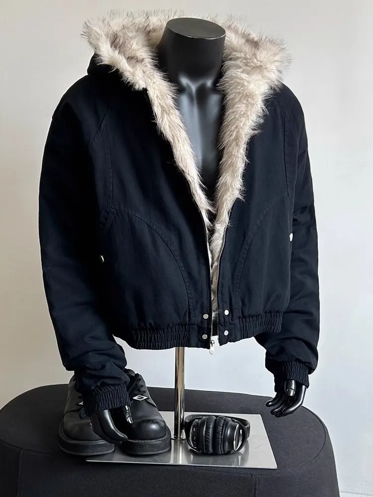 

Thiened ort Cotton Jaet Autumn Winter Warmth Fur Collar Cleanfit Trendy Youth Casual Long Sve American Sle Coat