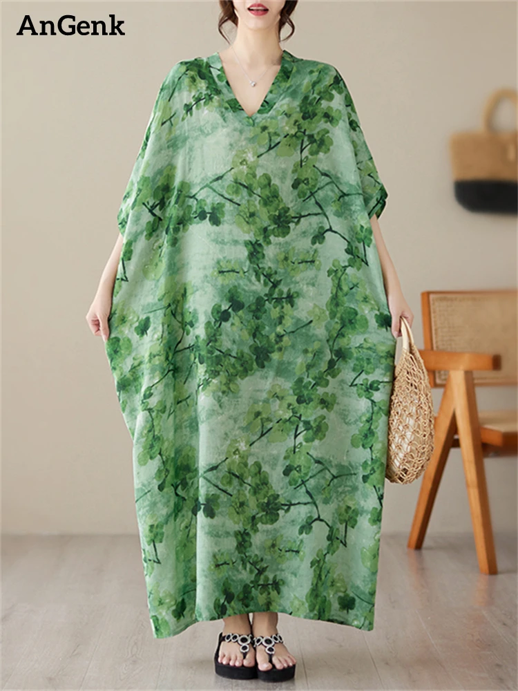 

Cotton Oversize Vintage Print Long Summer Dresses Women 2023 Casual Loose Holiday Beach Green Dress Femme Robe Elegant Clothing