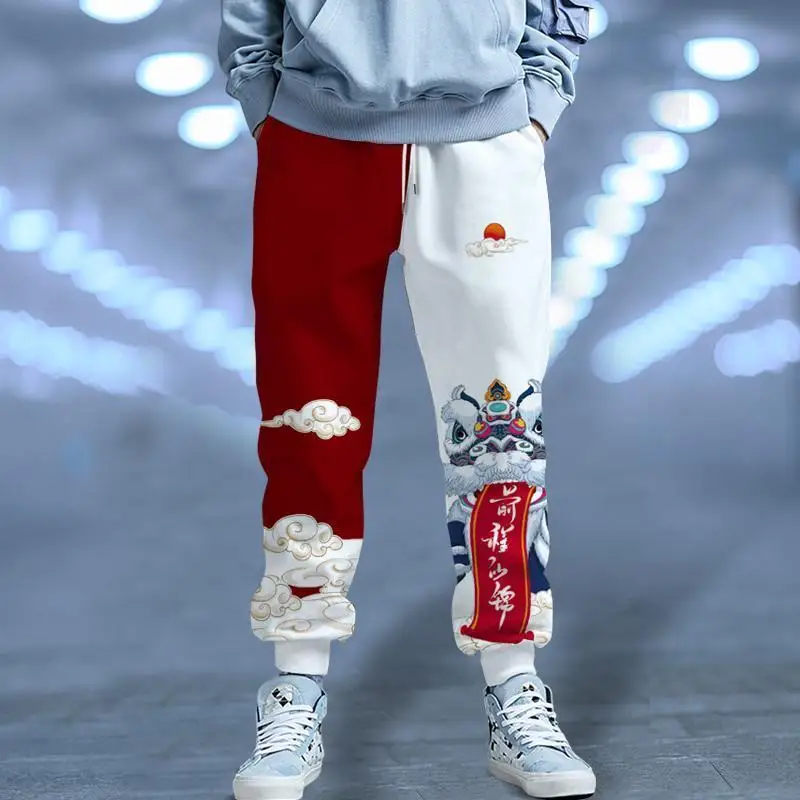 

Loose Fit New Year Lion Print Men's Faion Casual Trousers Versatile Chinese Sle Summer Cotton Sweatpants Youth Trend