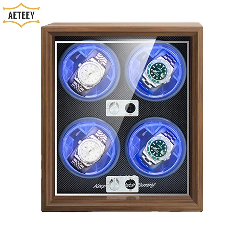 

For Rolex Watch Winder Case 4 Slots Blue LED Automatic Watches Glass Wooden Door Dustproof Antimagnetic Customizable Logo OEM