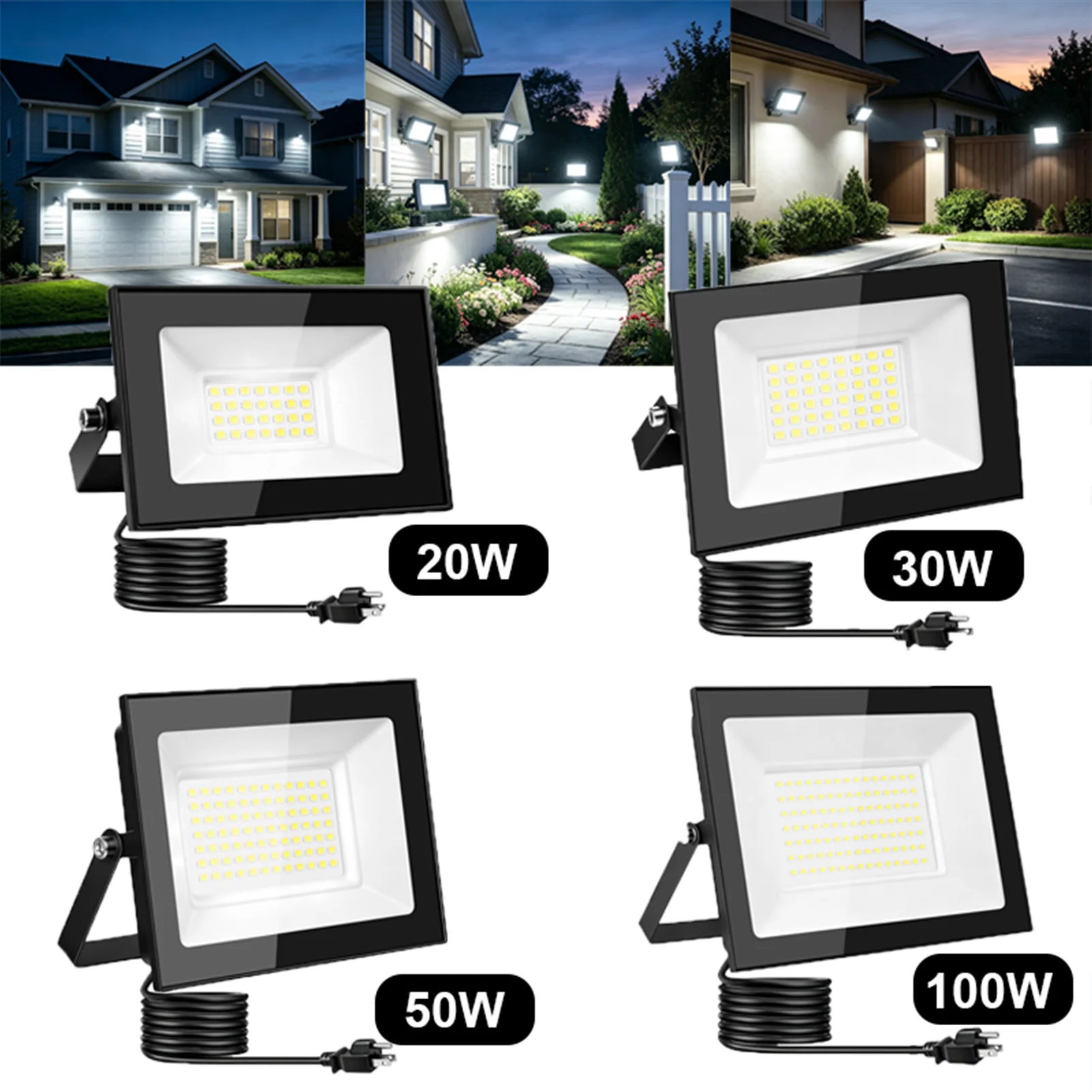 20W/30W/100W LED Flood Light Outdoor Super Bright Floodlight Outside Work Light with Plug, 6500K Daylight White LED Flood Light Outdoor Cable Length 5ft IP66 Waterproof Outdoor Flood Light