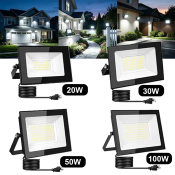 20W/30W/100W LED Flood Light Outdoor Super Bright Floodlight Outside Work Light with Plug, 6500K Daylight White LED Flood Light Outdoor Cable Length 5ft IP66 Waterproof Outdoor Flood Light 1
