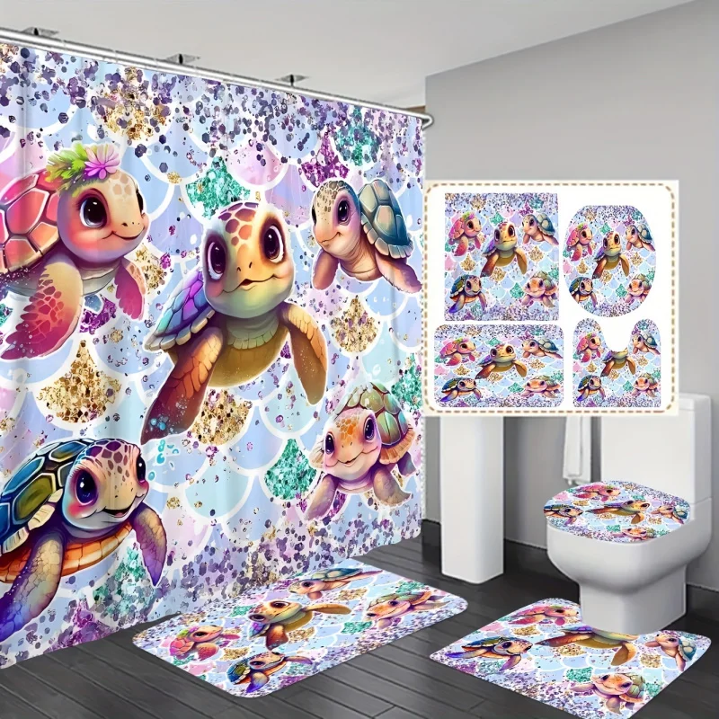 Colorful Turtle Scales Pattern Bathroom Set with Shower Curtain and Bath Rugs, Fade Resistant Polyester Fabric, Machine Washable