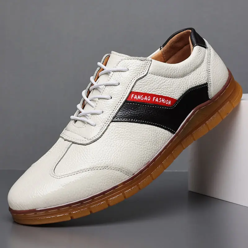 White Leather Mens Casual Shoes Spring and Autumn Business Casual Leather Men Casual Shoes Tendon Bottom Beige Mens Trainers