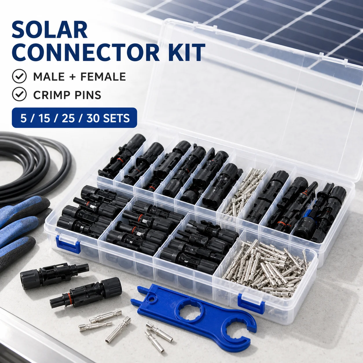 Solar Cable Mc4 Connector - ソーラーパネルコネクタキット オス・メス PVケーブルプラグ クリンプピン アセンブリレンチ オーガナイザーボックス