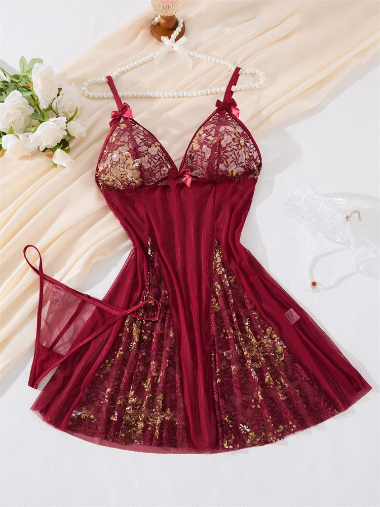 Women's Nightgown Wine Red V-Neck Sheer Mesh Sleepwear Lace Splicing Spaghetti Strap Pajamas Dress Boudoir Babydoll Nightwear