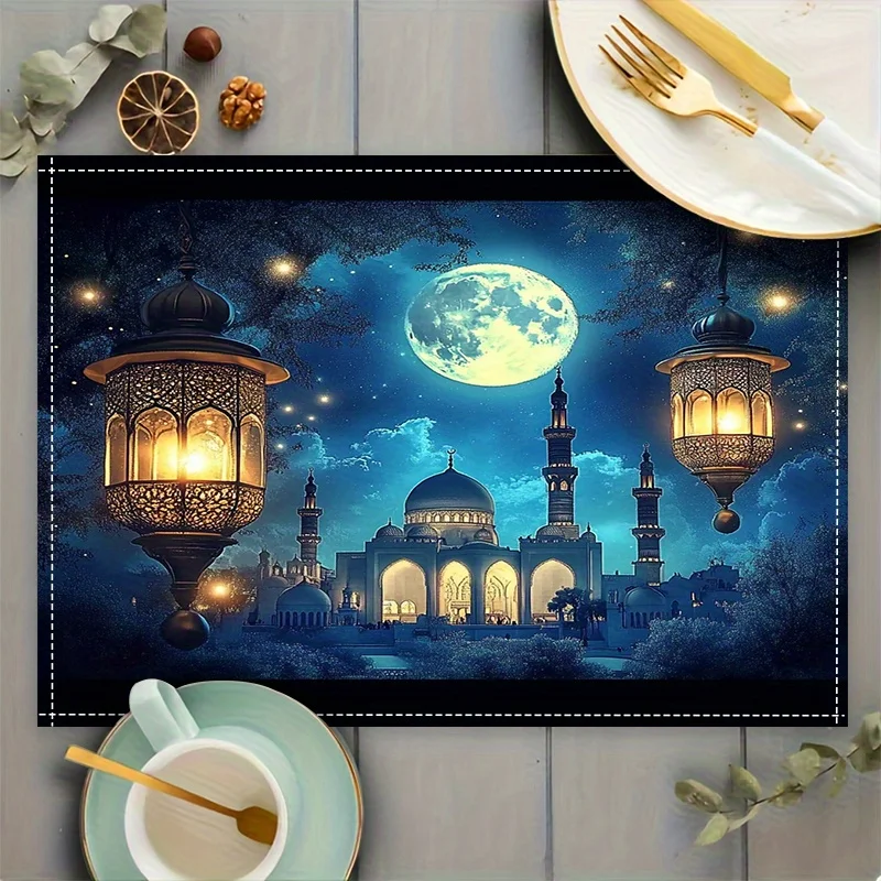 1PC  Eid al-Fitr Table Mats - Islamic Mosque Dinner Party Decorations with Moonlit Night Scene, Lanterns & Minarets