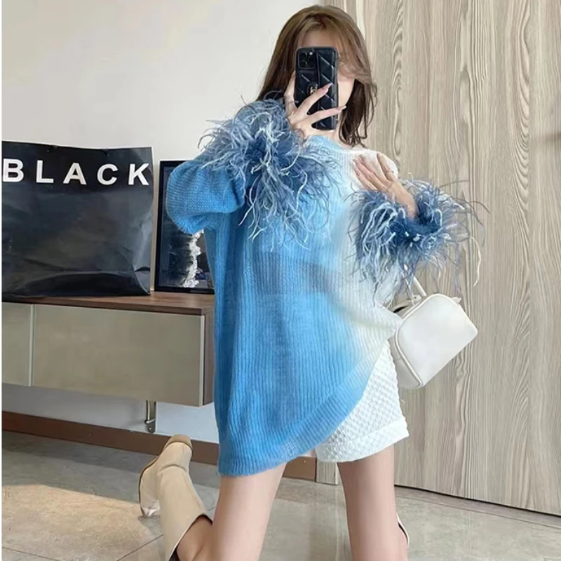 High-Grade Gradient Color Feather Sweater Women's New Autumn Unique Chic Soft Comfortable Atmosphere Long-Sleeved Knitwear Coat