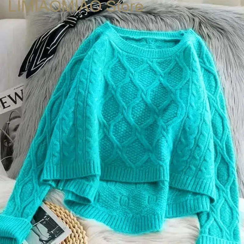 

New autumn winter front short back long knitted sweater ribbed twisted rope top short pullover solid loose sweater women