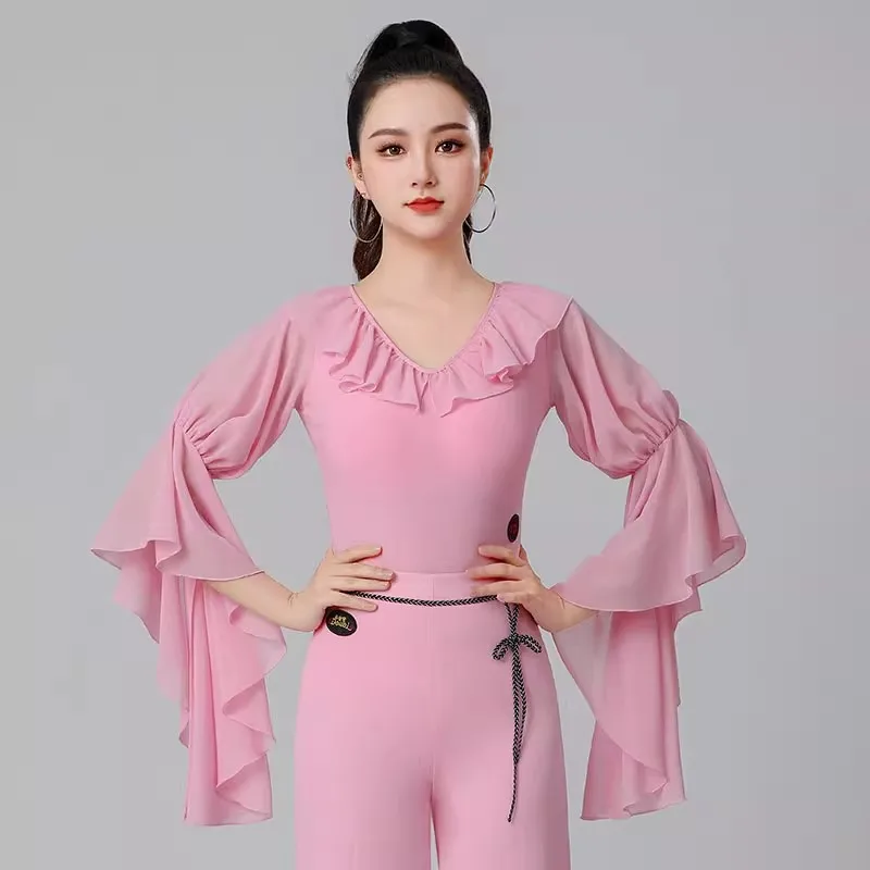 

Pink Purple Latin Dance Tops V-neck Ruffled Flutter Sleeve Waltz Ballroom Leotard 2025 New women's Modern Dance Practice Clothes