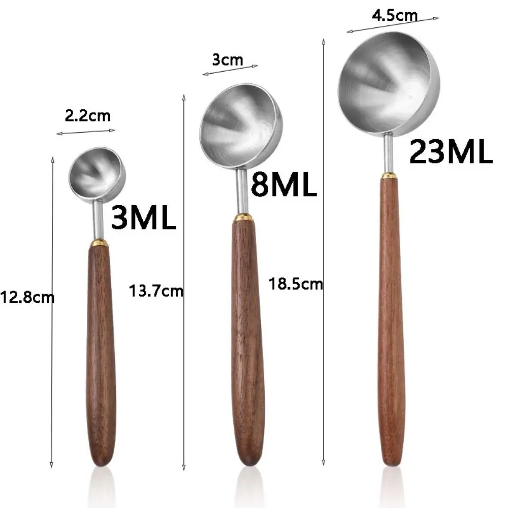 304 Stainless Steel Coffee Bean Measuring Spoons Long Handle 3/8/23ML Coffee Scoop Walnut Handle Coffee Powder Measuring Spoon
