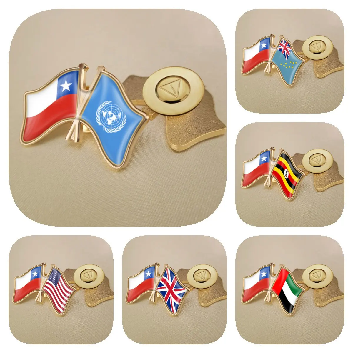 Chile and Tuvalu Uganda United Arab Emirates United Kingdom United Nations United States Crossed Friendship Flags Lapel Pins