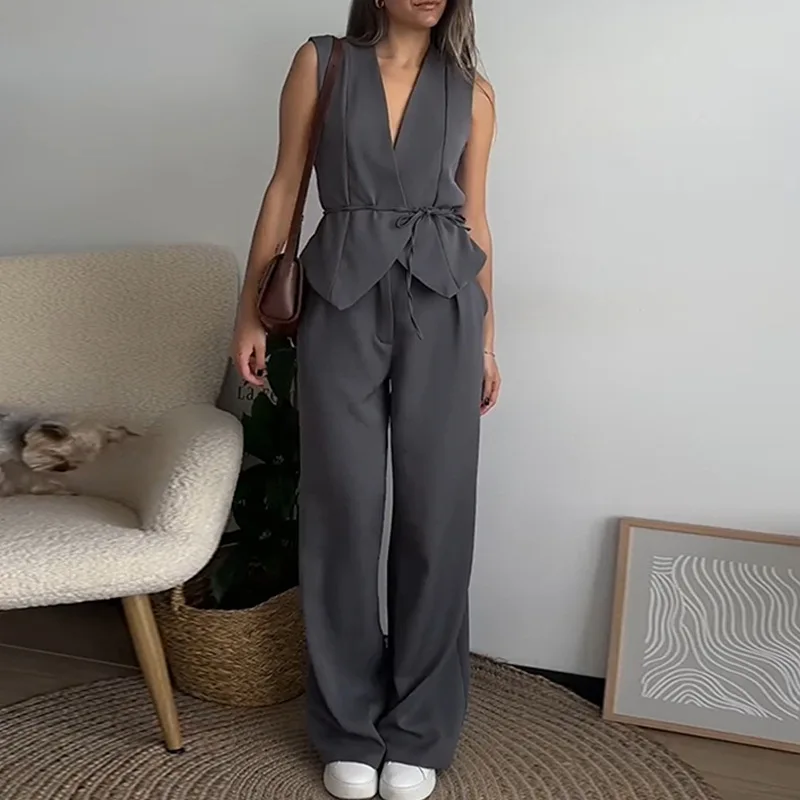 

Women's Clothing 2025 Summer New Style Temperament V-neck Sleeveless Vest Top Wide Leg Pants Casual Suit