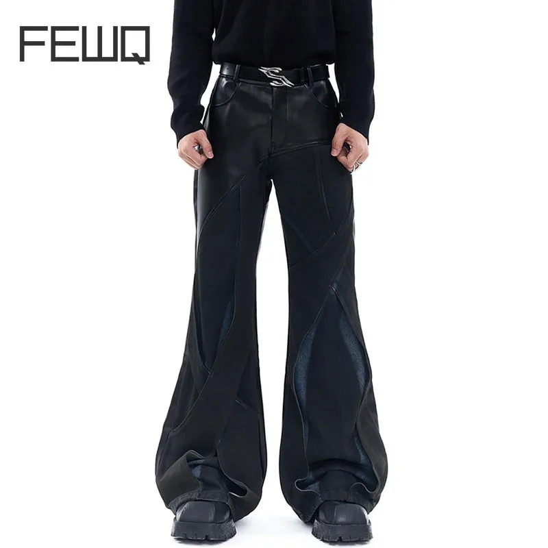 FEWQ Niche Design Men's Pants PU Leather Three-dimensional Cross Patchwork Solid Color Streetwear Wide Leg Male Bottom 24K1157