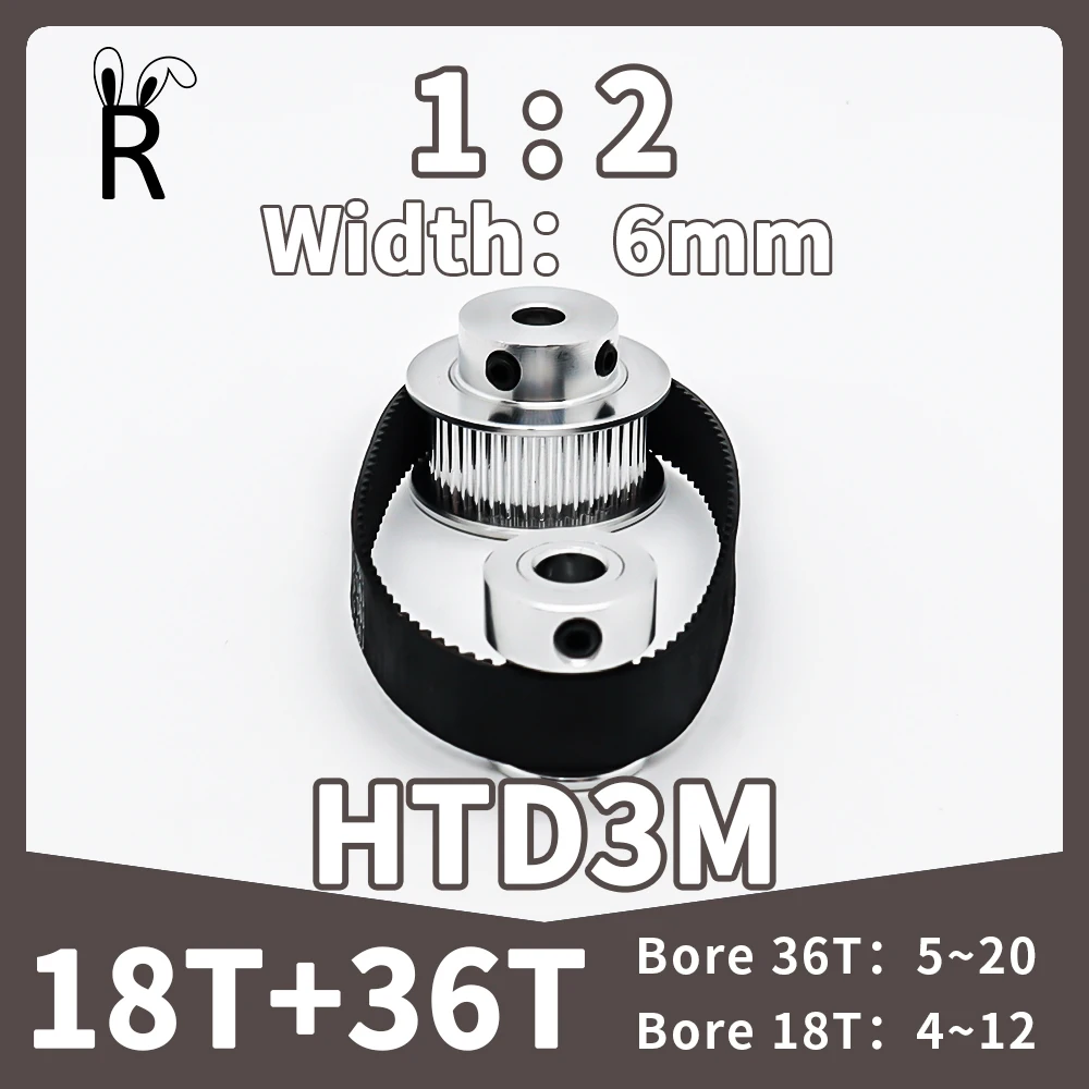 18T 36T HTD 3M Synchronous Wheel Set Reduction1:2 2:1 Belt Width 6mm 36Teeth 18Teeth 3M Timing Belt Pulley Kit Timing Pulley Set