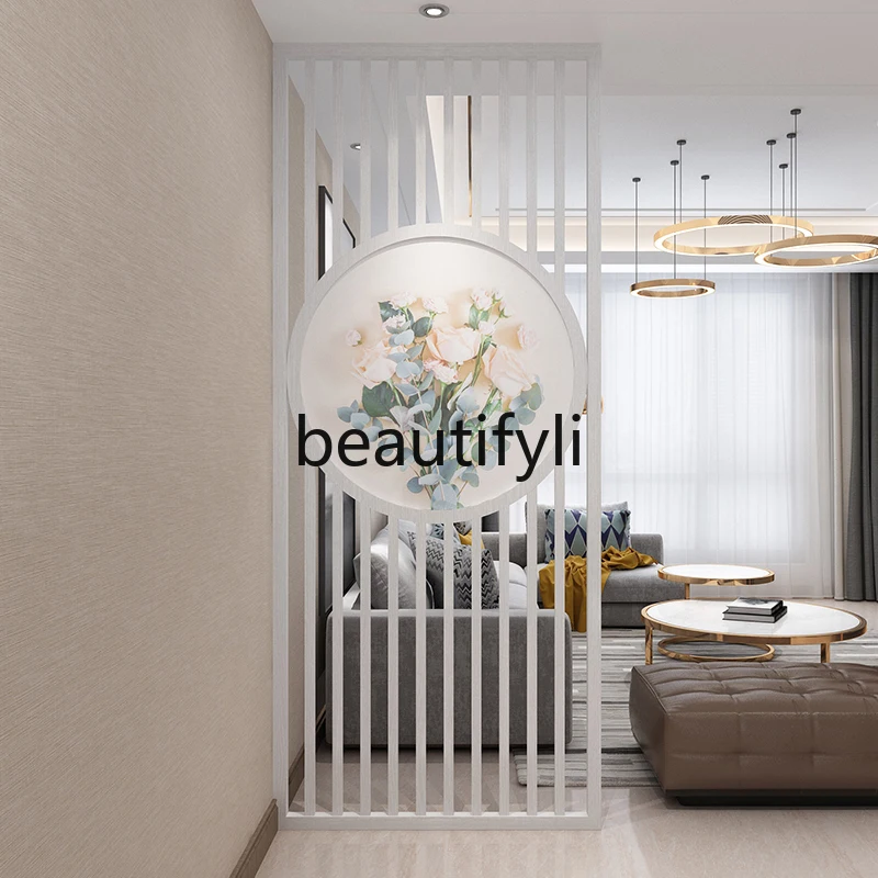 

Nordic style small fresh solid wood screen partition living room entrance to the top round hollow seat screen rose flower