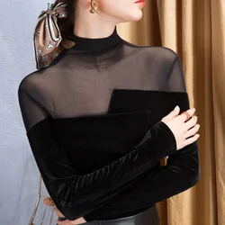 Size S-2XL Patched Transparent Mesh Turtleneck T Shirts Tees Women Slim Full Sleeve Black Velour Tshirt Top