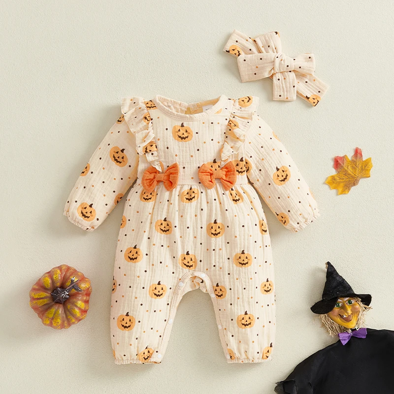 Autumn Newborn Baby Girls Halloween Romper Long Sleeve Pumpkin Print Casual Playsuit Toddler Jumpsuit with Headband