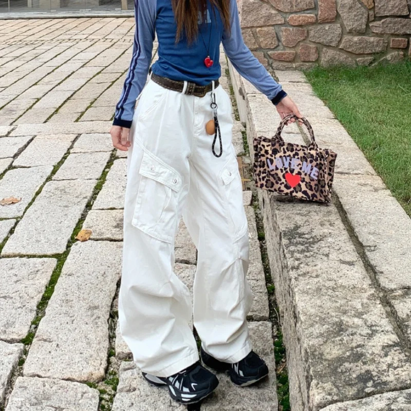 2024 Cyber Y2K Streetwear White Baggy Wide Leg Cargo New Jeans Pants For Women Clothes Straight Multi Pockets Lady Long Trousers