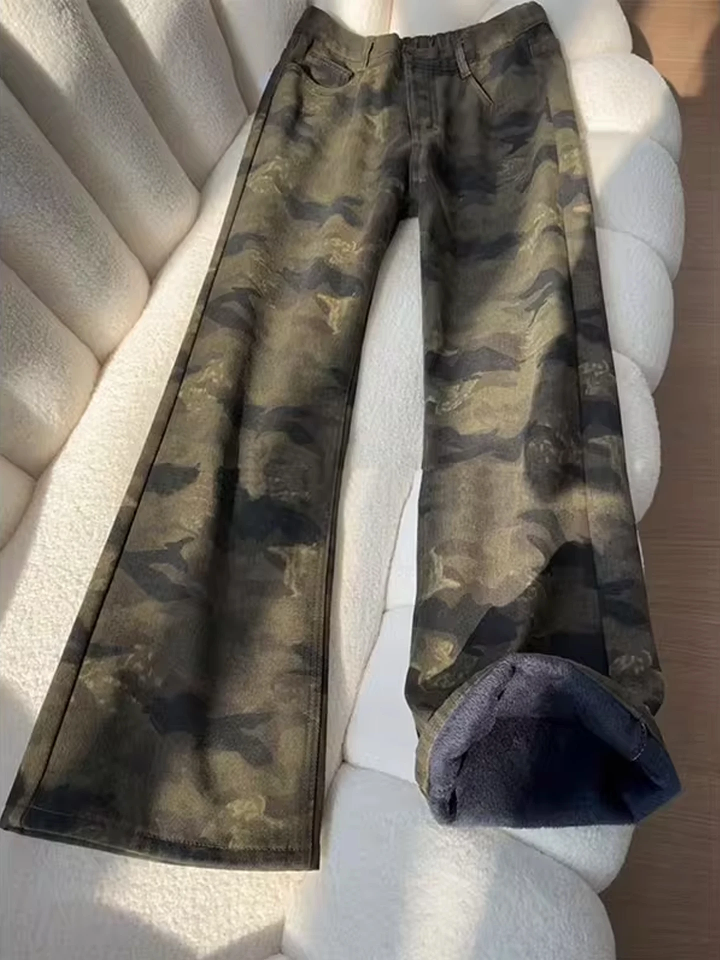 

American Retro Camouflage Fleece Lined Skinny Jeans Workwear Style Straight Leg Trousers for Men Winter Warm Slim Fit Jeans