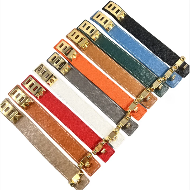 Top Quality 10 Colors Single Layer Leather Circle Gold Plated Rivet Stainless Steel Bracelet For Women Brand Element Jewelry