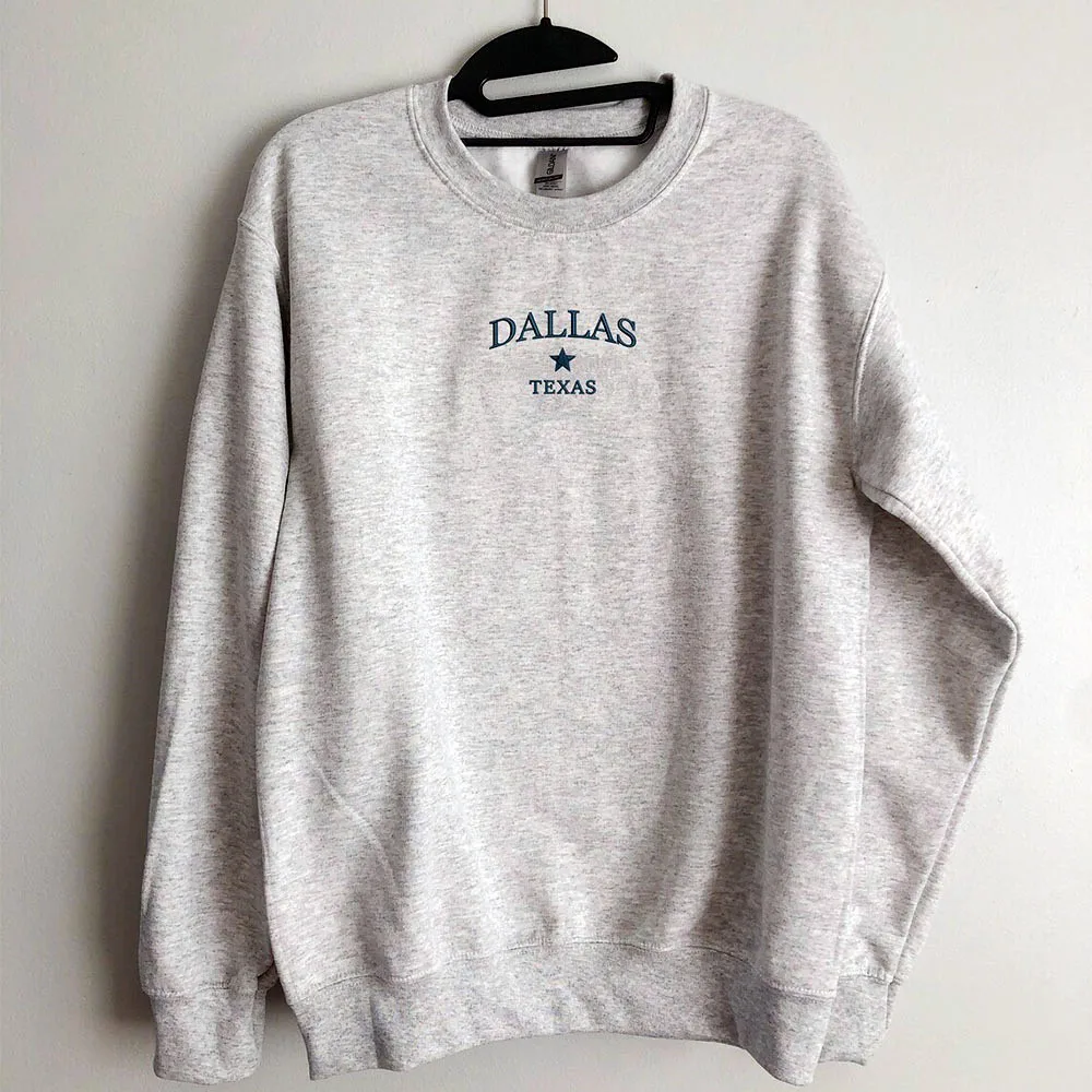 Dallas Texas Letters Embroidered Western Sweatshirts Autumn Loose Cotton Autumn Thick Fleece Warm Pullover Women Retro Jumper