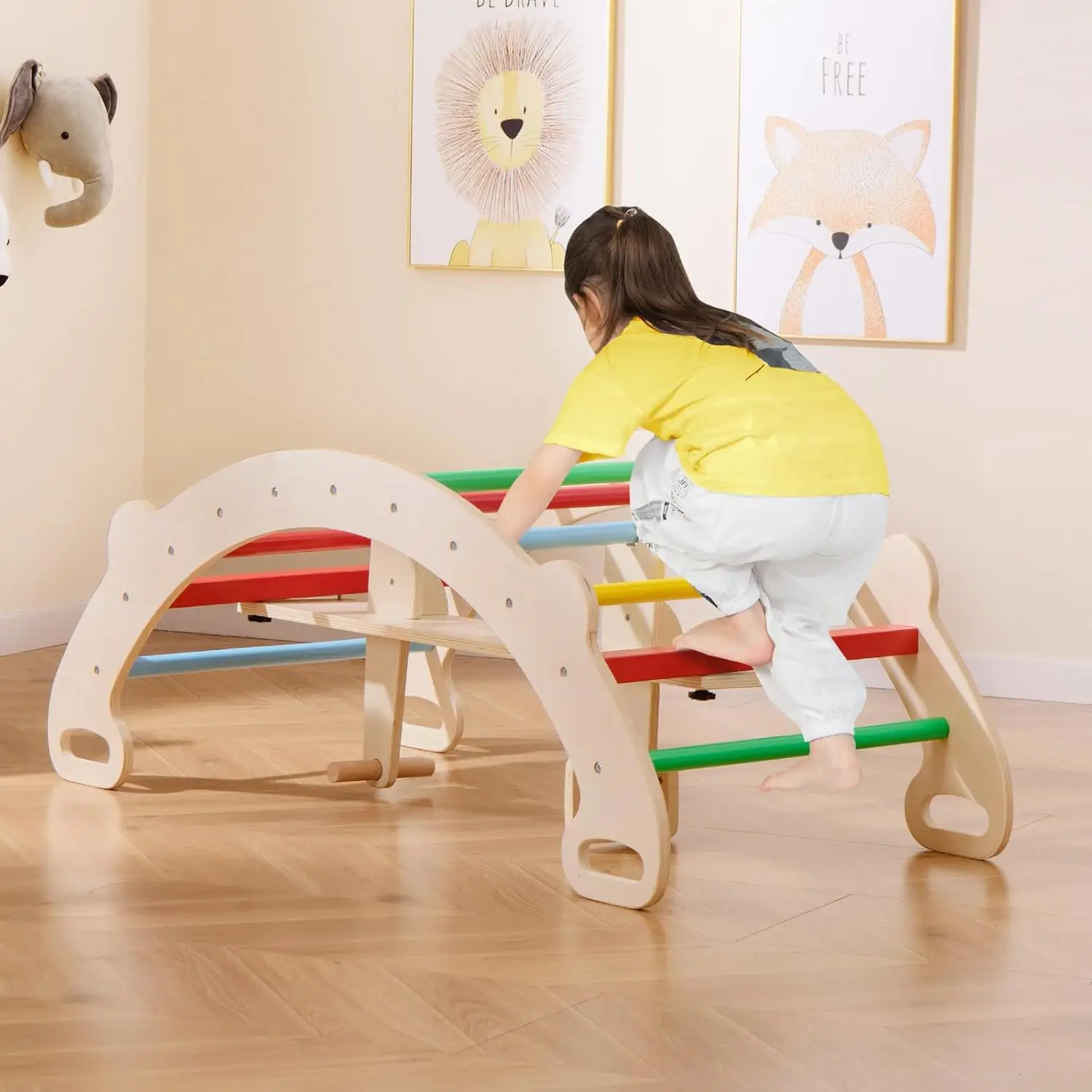 Wooden Arch Rocker, 4-in-1 Montessori Rocking Toys for Toddlers with Easy-Grip Handles, Children Indoor Gym Learning Rocker Play