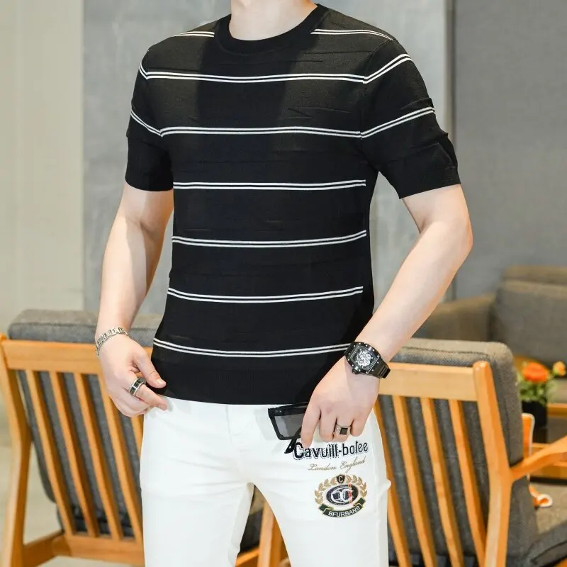 

Korean Striped Knitted T-shirt for Men Summer Ice Silk Breathable Casual T-shirt Comfortable Versatile Business T-shirt 2025