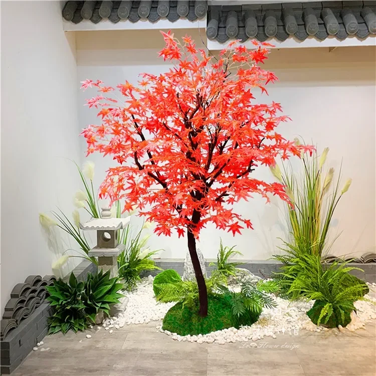 Cy Y ประดิษฐ์สีเขียวสีแดง Maple Tree Acer ใบปาล์มสไตล์ญี่ปุ่นสวนภูมิทัศน์ออกแบบแสดงตกแต่งหน้าต่างปลอม Flowe