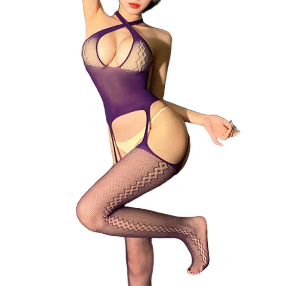 

Фиолетово-черное сексуальное белье: боди, комбинезон, прозрачные чулки без швов, эротическая одежда для женщин