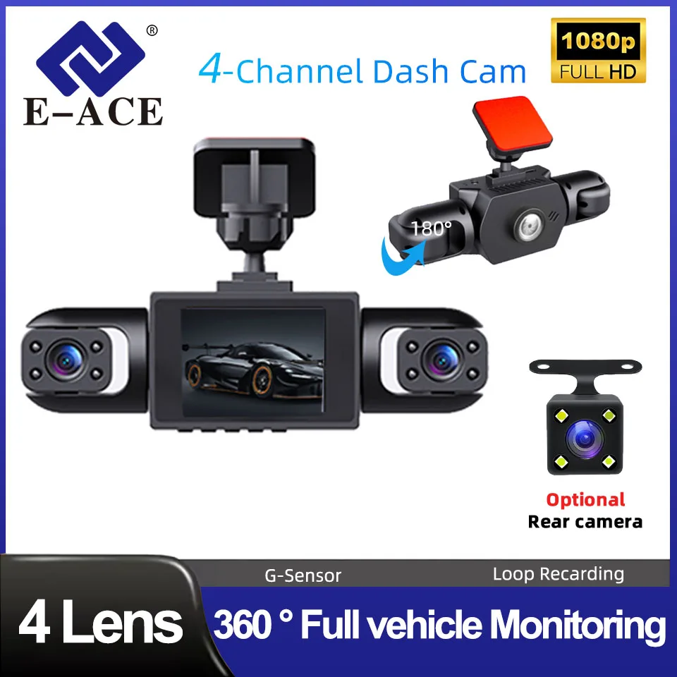 عدسة E-ACE 4 360 °   كاميرا داش للسيارات DVR 1080P 4-قناة كاميرا أمامية مسجل فيديو اختياري كاميرا الرؤية الخلفية الصندوق الأسود