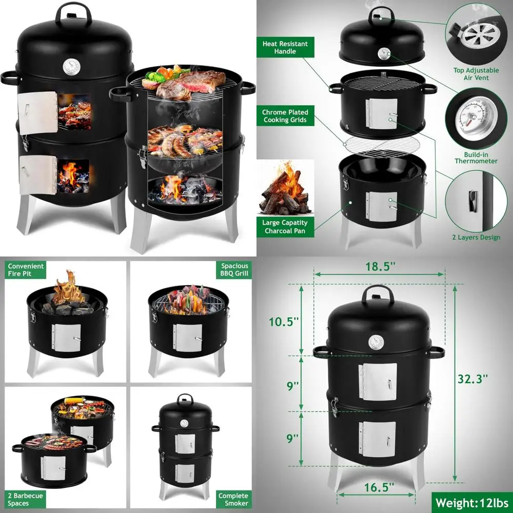 

Sturdy Dual-Level Circular BBQ Grill, 3-Function Upright Steel Charcoal Smoker, 18-Inch Multi-Tier Charcoal BBQ Smoker Grill