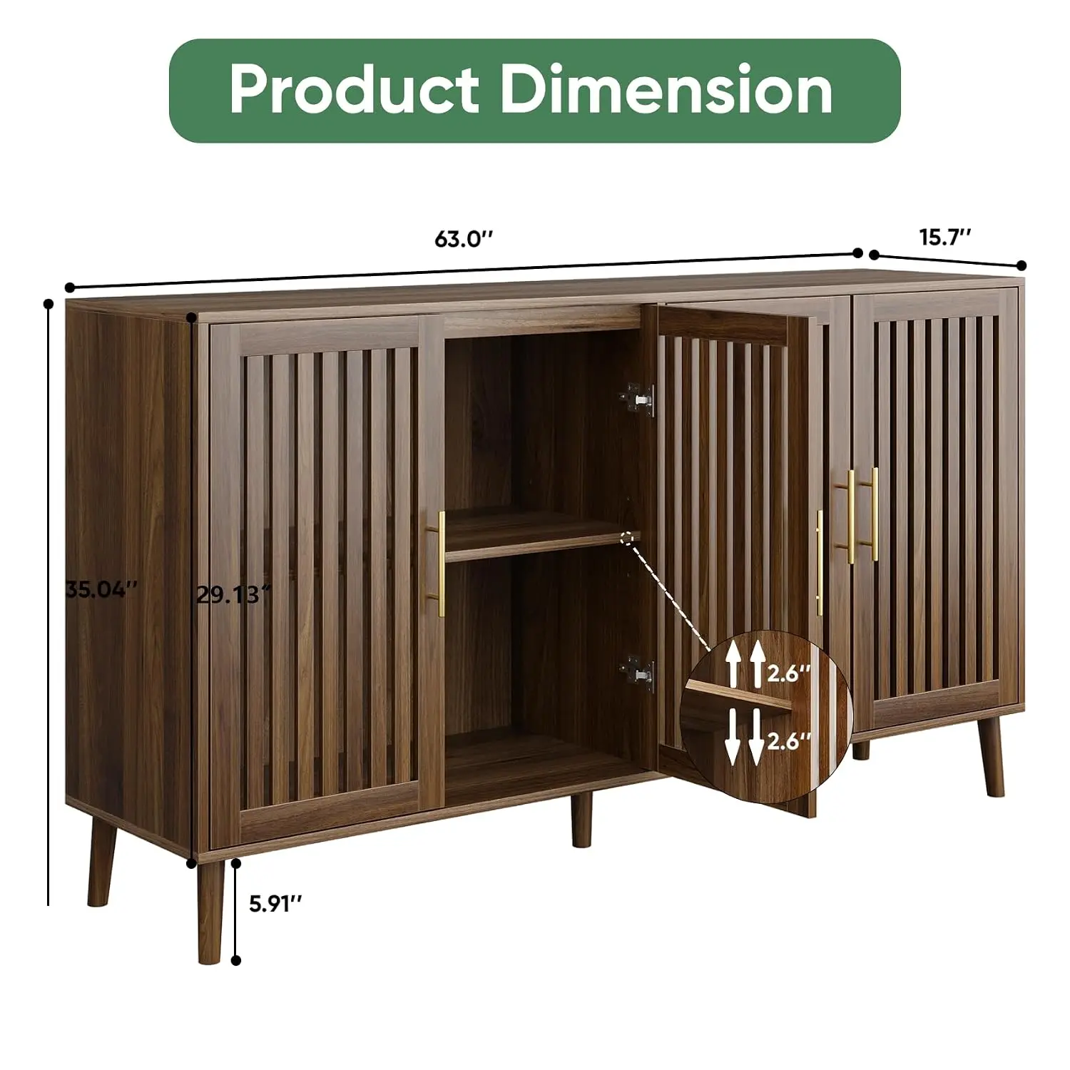 Walnut Sideboard Buffet Cabinet with Grille Doors & Adjustable Shelf, Wood Storage Cabinet for Kitchen Living Room, Customized
