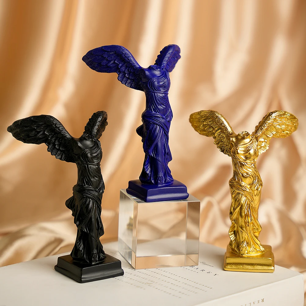 Winged Victory of Samothrace Statue, Ancient Greek Goddess Sculpture, Resin Nike Figurine for Home Office Decor, Gold/Black/Blue