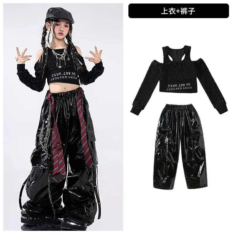 재즈 댄스 의상 소녀용 블랙 스팽글 탑 가죽 바지 케이팝 힙합 공연 의상 캣워크 무대 의상