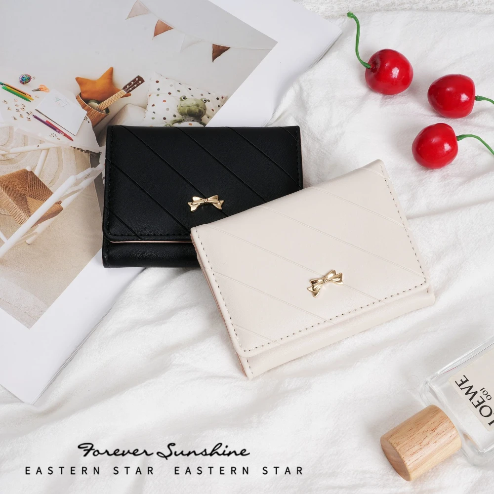

New Cute Bow Wallet Women small fresh short coin purse cute bow three-fold thin small wallet card holder Coin Photo Card Bag