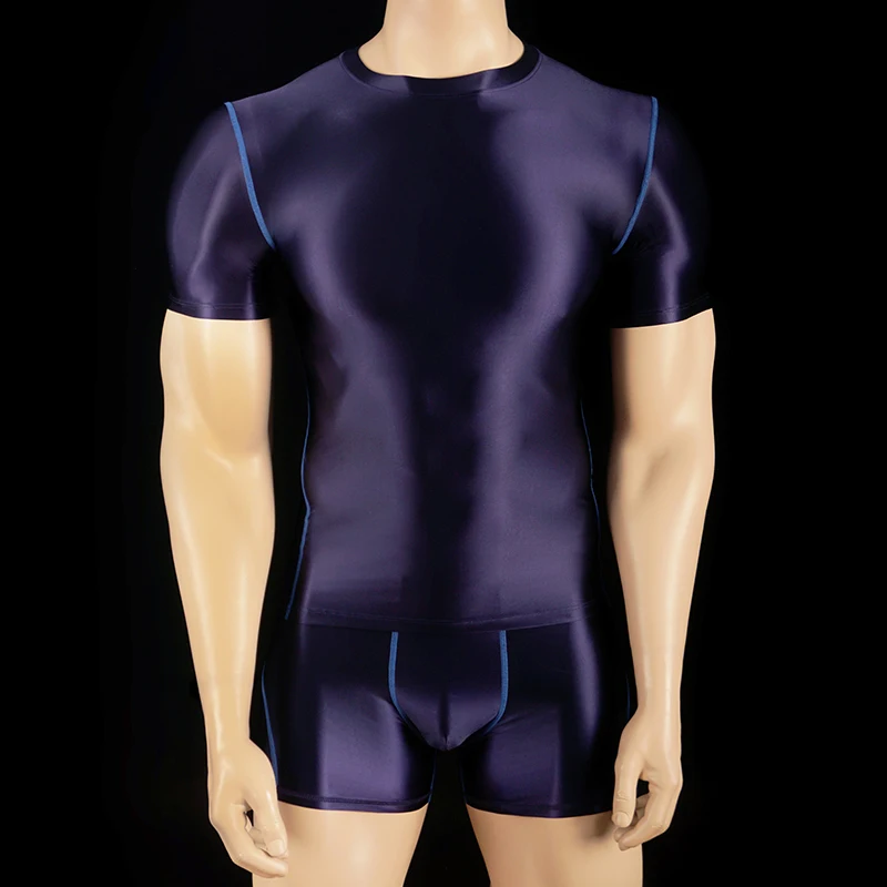 

Men Oily Glossy High Stretch Sporty Tracksuits Fitness Workout Breathable Quickdry Gym Tops T-shirt Shorts Activewear Sets