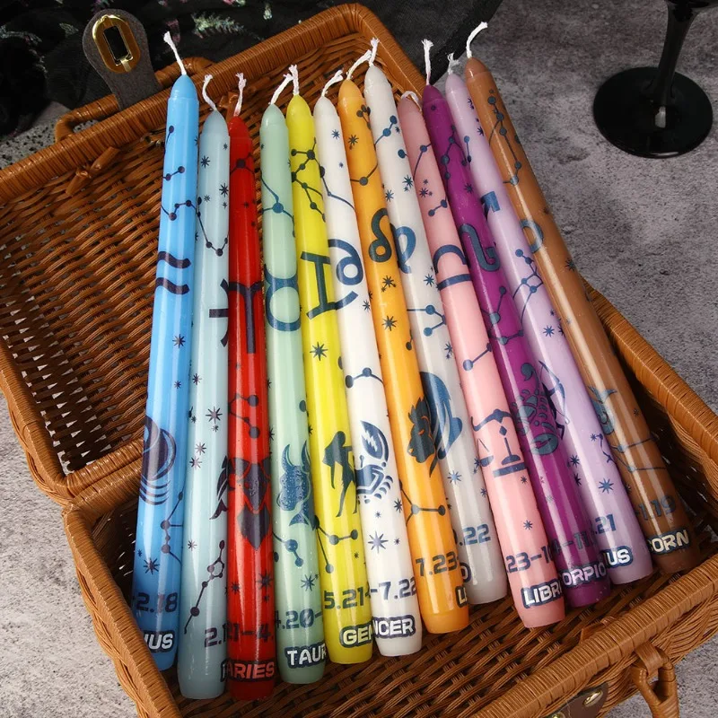 12 Zodiac Signs European Style Colorful Printed Taper Candles Long Stick Smokeless Romantic Party Supply Home Decor Gift