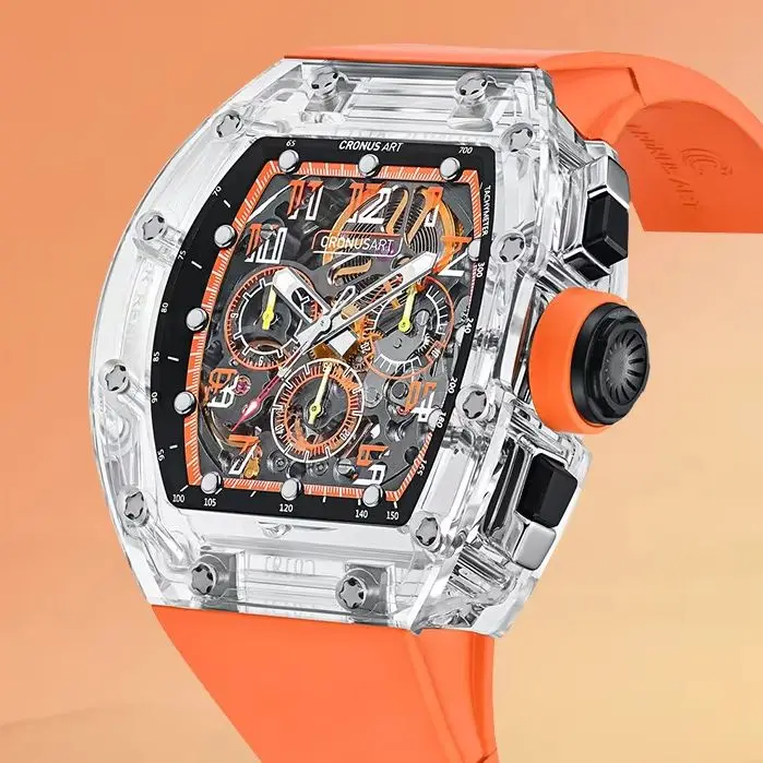 CRONUSART ساعة كرونوغراف للرجال 50 مللي متر تونيو الياقوت ساعة اليد الميكانيكية مضيئة الهيكل العظمي الهاتفي حزام مطاط الفلور