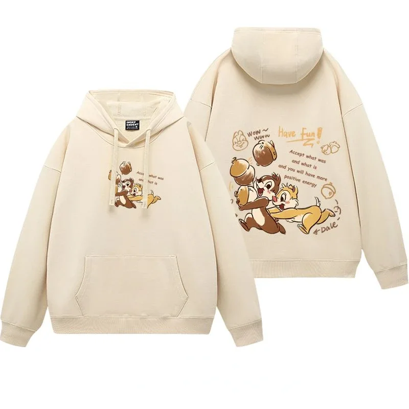 Cute Disney Chip Dale creative cartoon print simple and fashionable velvet thickened soft comfortable loose hooded sweatshirt