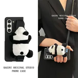 For Samsung Galaxy Z Fold 7 6 5 4 3 2 5G Cartoon Plush Panda Wristband Bracket Black Matte Case Cover With Crossbody Long Strap