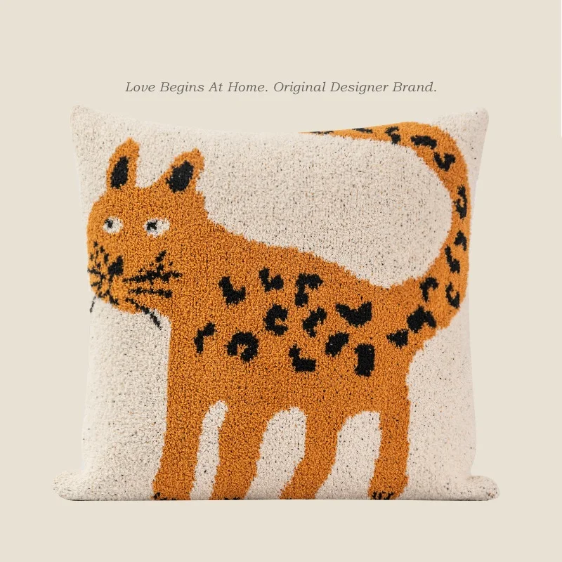 Cute cartoon leopard lamb fleece pillowcase living room sofa kids bedroom cat pillow