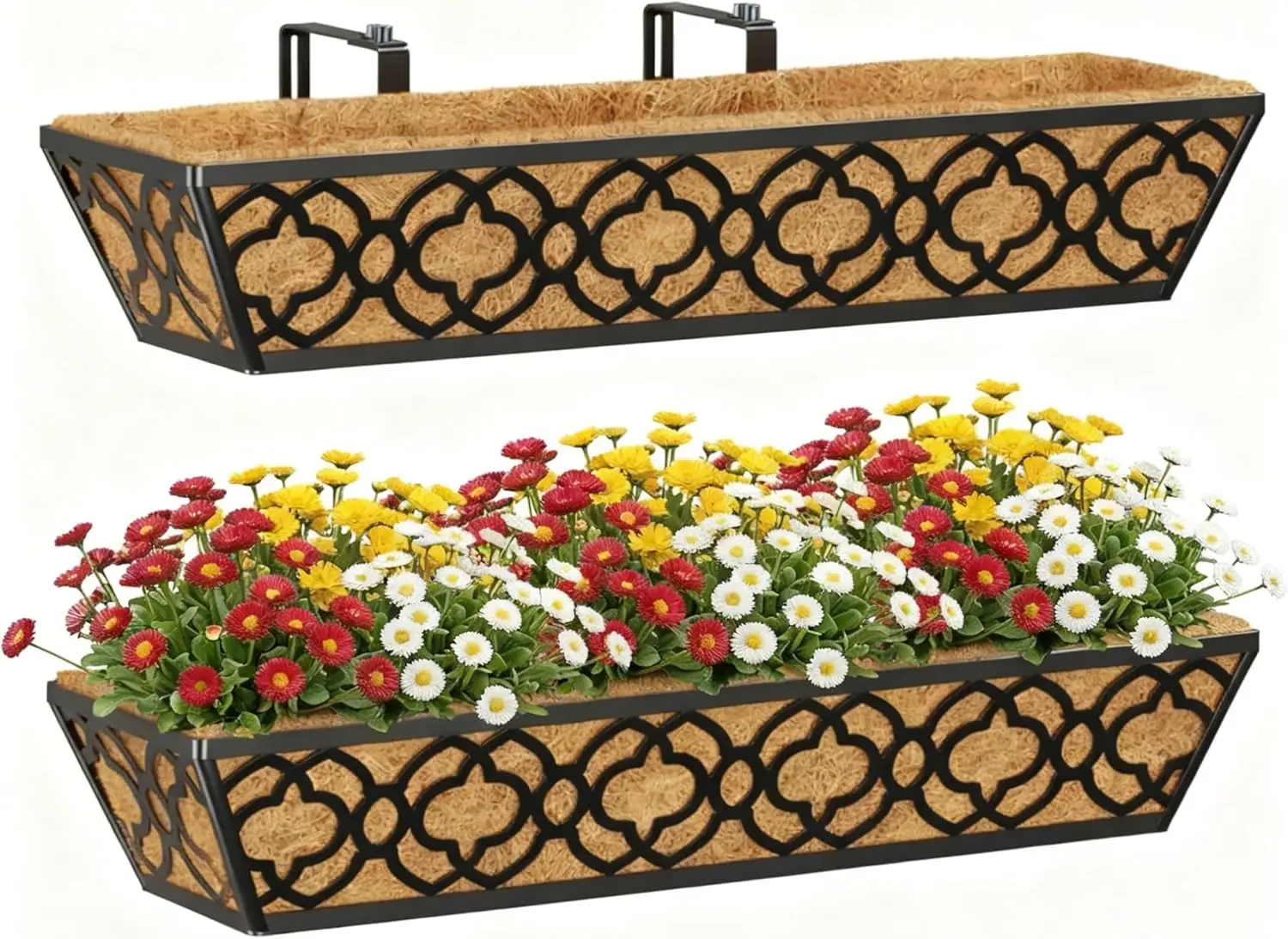Jardinera de ventana de 24 pulgadas con revestimiento de fibra de coco, paquete de 2 cestas colgantes de metal negro para barandilla de terraza interior y exterior