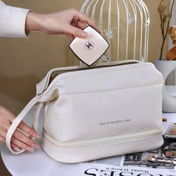 Borsa per il trucco portatile con cerniera da viaggio in PU ad alta capacità Organizer per la conservazione degli articoli da toeletta borsa per cosmetici addensata a doppio strato multifunzione