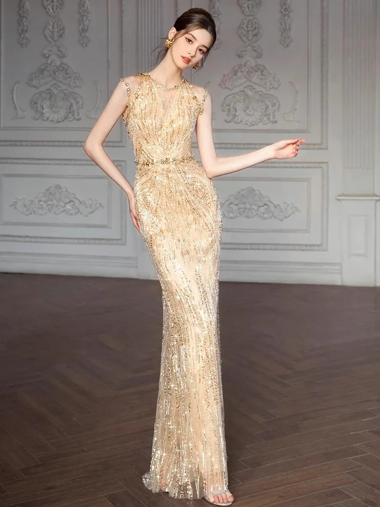 

Gold Evening Gown Sparkling Sequin Host Heavyweight Luxury Tailored Fi Tail Wedding Dr for Bride Par Performance