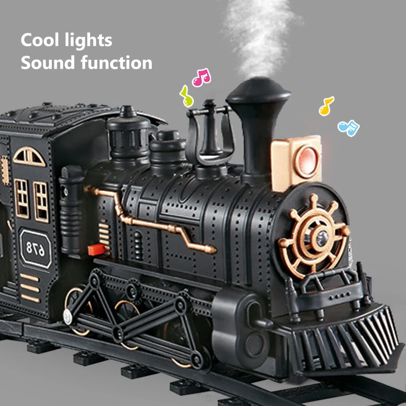 Model Train Track Set Kids Toy Spray Classical Steam Train with Sound Locomotive Electric Train Kit Retro Model Children Gift