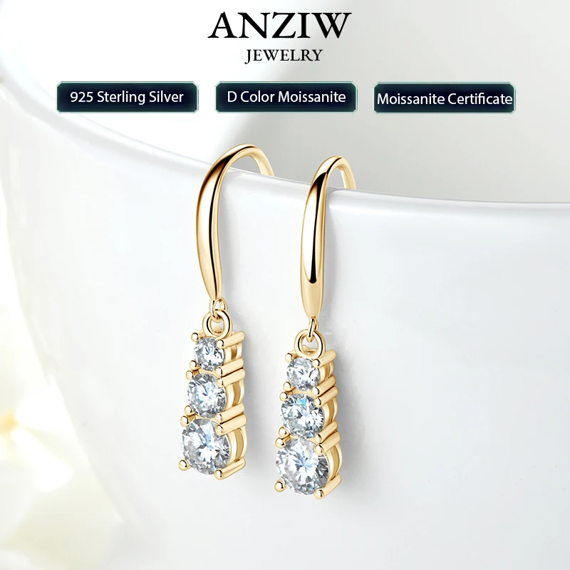 

Серьги-крючки Anziw из серебра 925 пробы с тремя камнями, сертифицированные 1,8 карата. D-E муассанит висячие серьги свадебные украшения подарки для женщин