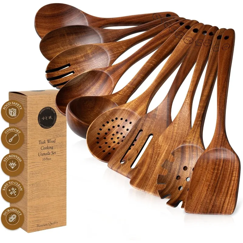 Wooden Spoons for Cooking - 10 Pcs Teak Wood Cookware Utensil Set with Smooth Finish - Non-Stick, Comfortable