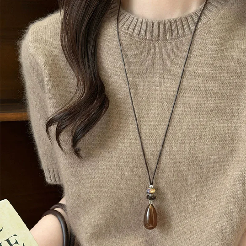 Vintage Green Coffee Acrylic Waterdrop Necklace for Women Adjustable Black Rope Long Sweater Chain Autumn Versatile Y2K Jewelry